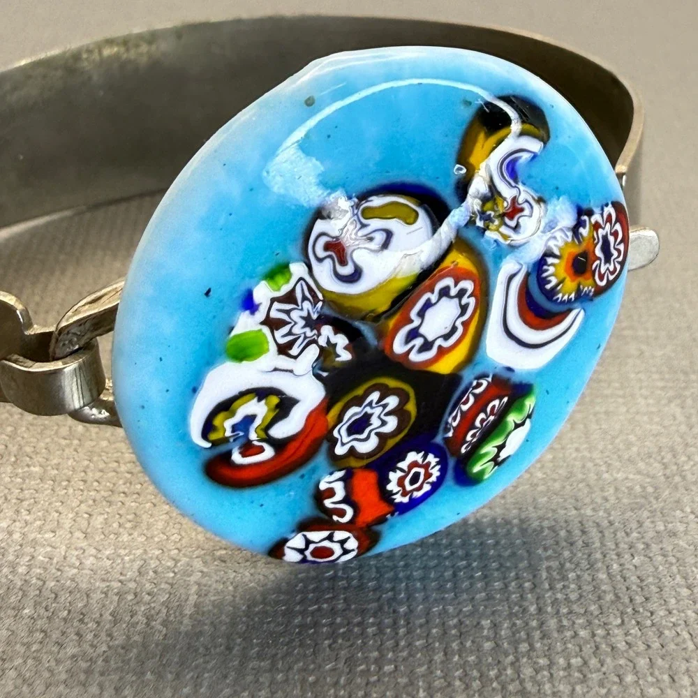 Vintage Millefiori Murano Glass Silver Tone‎ Cuff Bracelet Blue Floral Statement